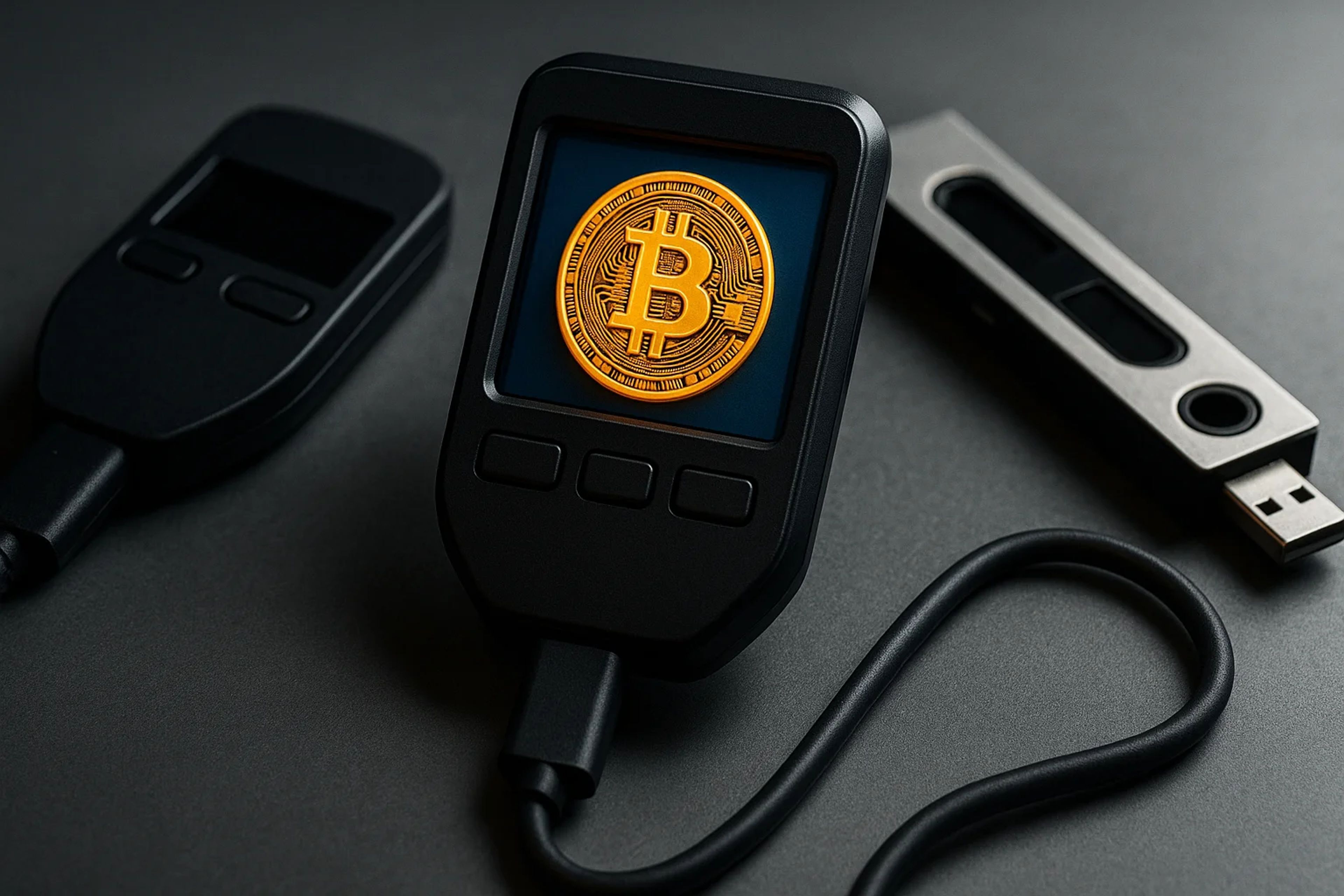 Bitcoin hardware wallet on a dark surface