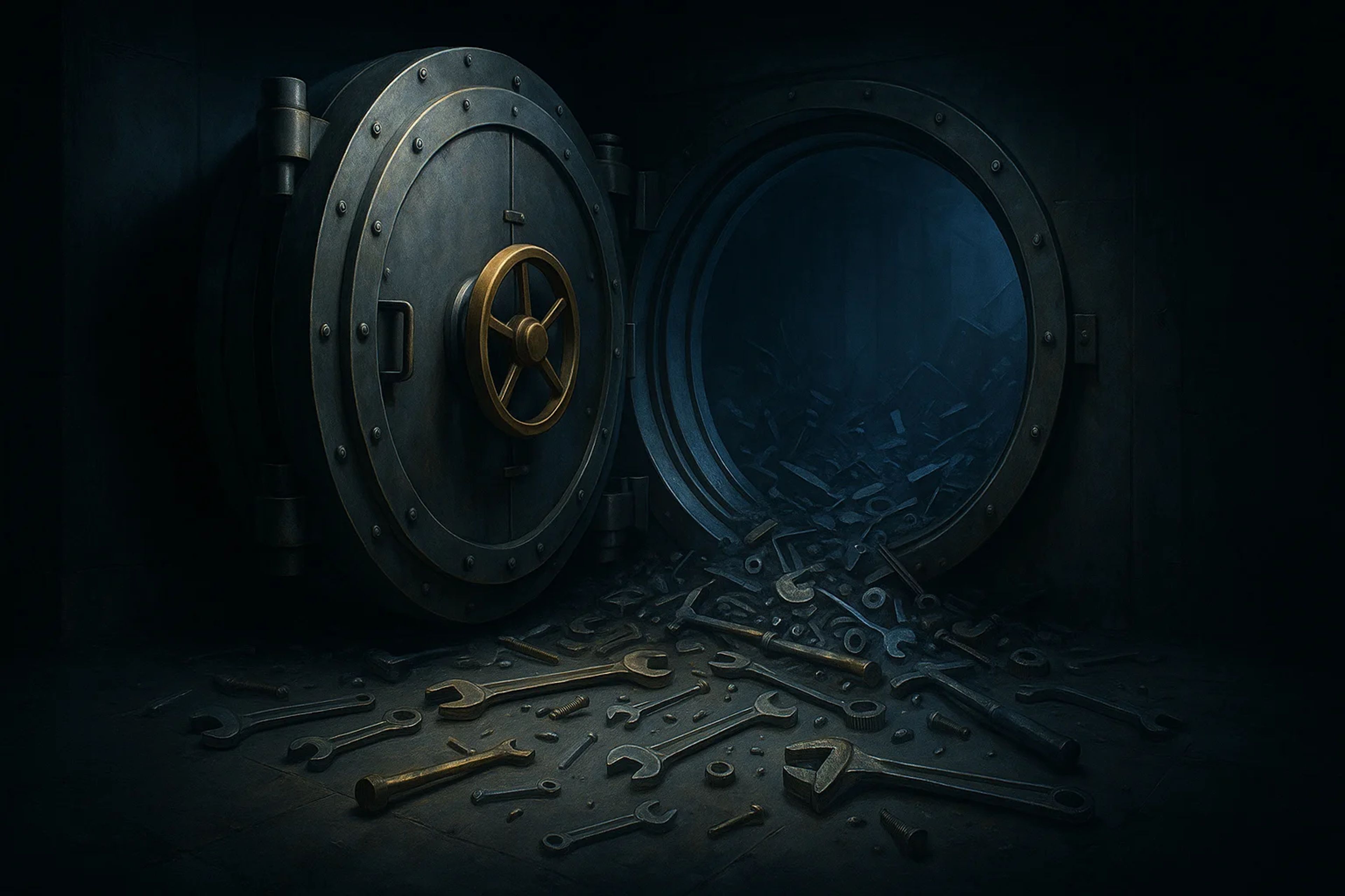 Open vault door revealing a pile of tools inside