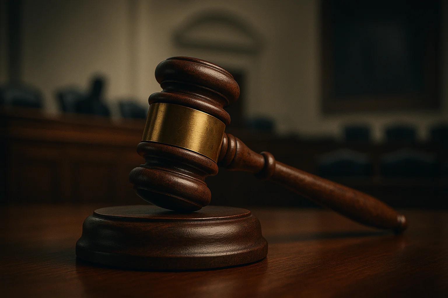 A wooden gavel resting on a block in a courtroom