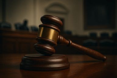 A wooden gavel resting on a block in a courtroom