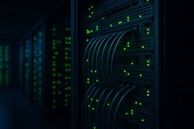 Rows of servers with green indicator lights
