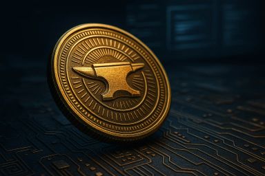 A golden coin featuring an anvil design, set