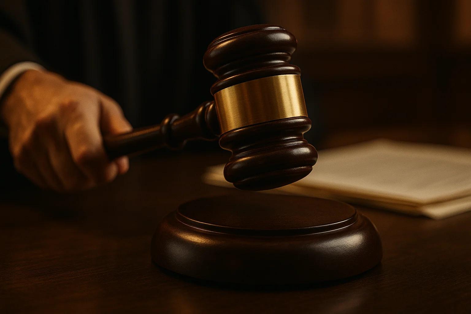A gavel being raised above a wooden block