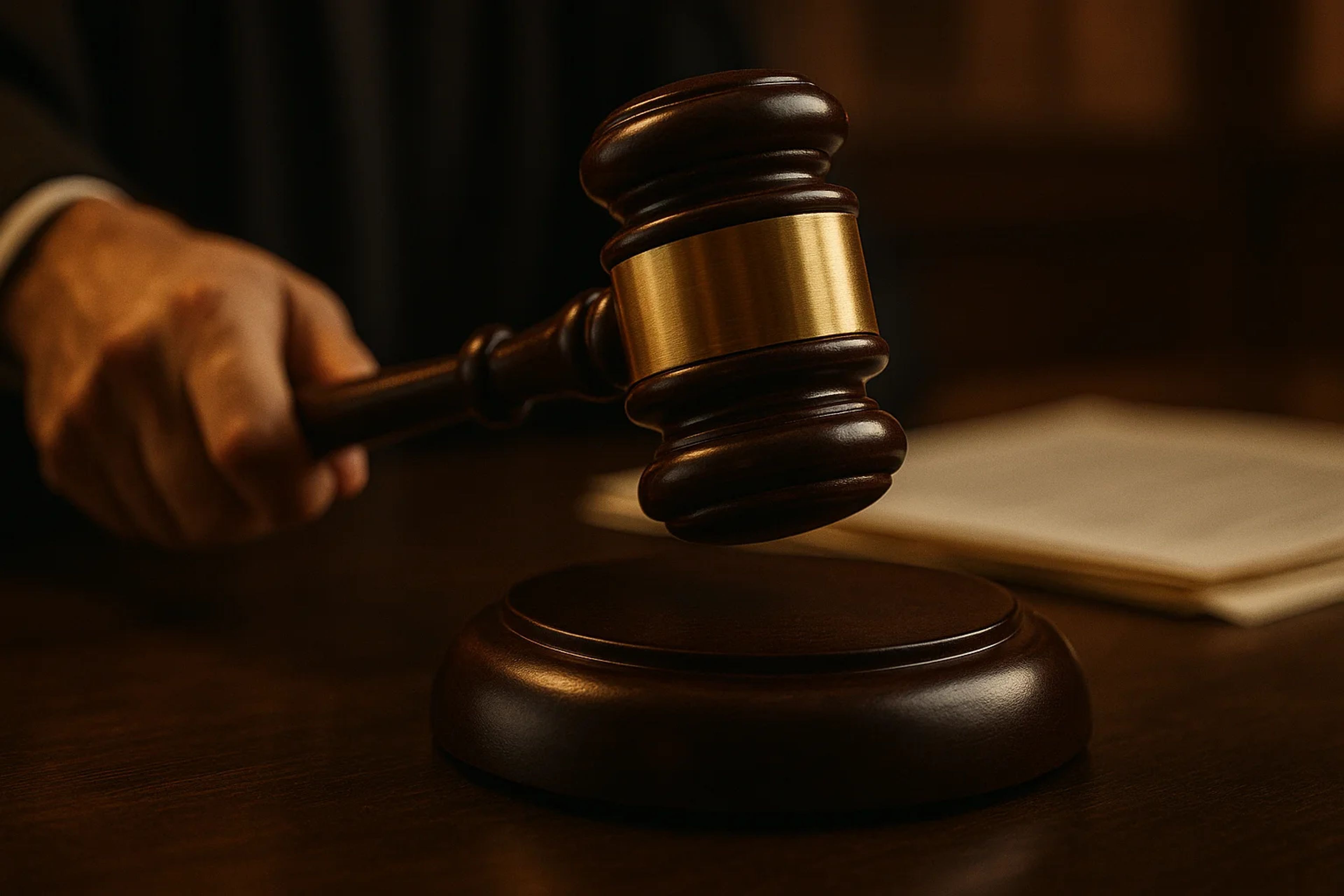 A gavel being raised above a wooden block