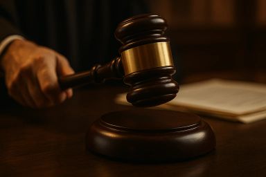 A gavel being raised above a wooden block