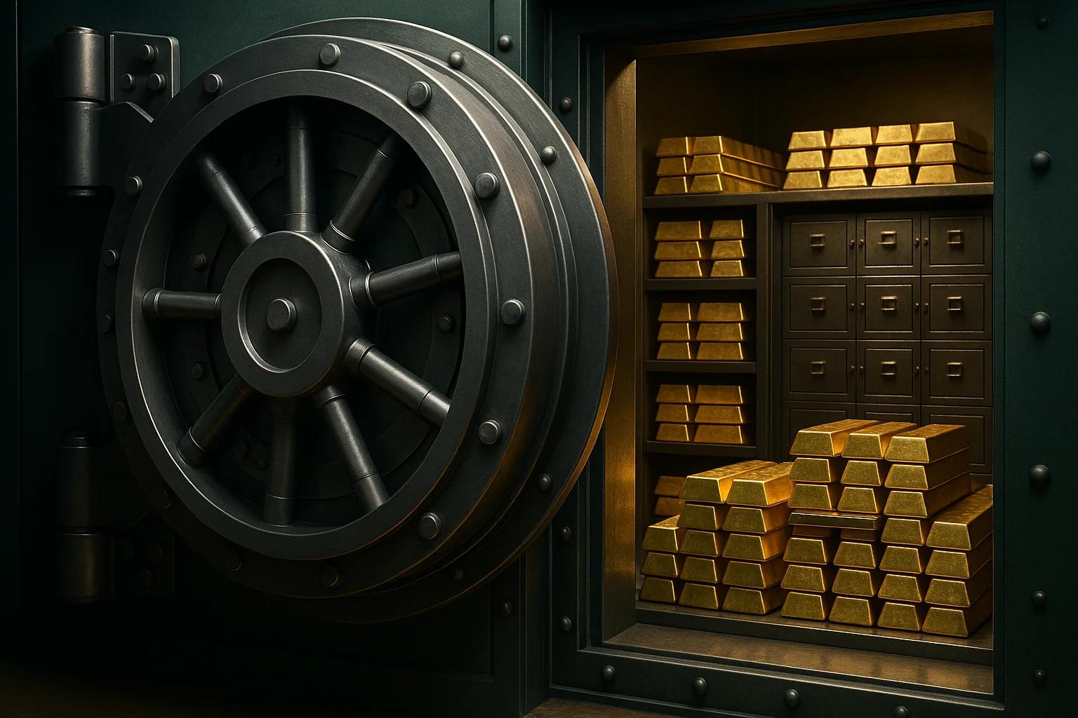 Open vault door revealing stacks of gold bars