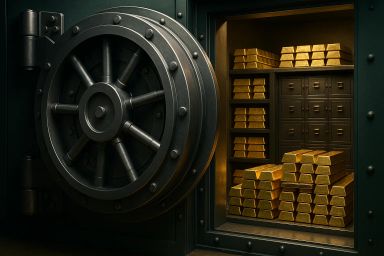 Open vault door revealing stacks of gold bars