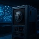 A dark room with a computer server and blue