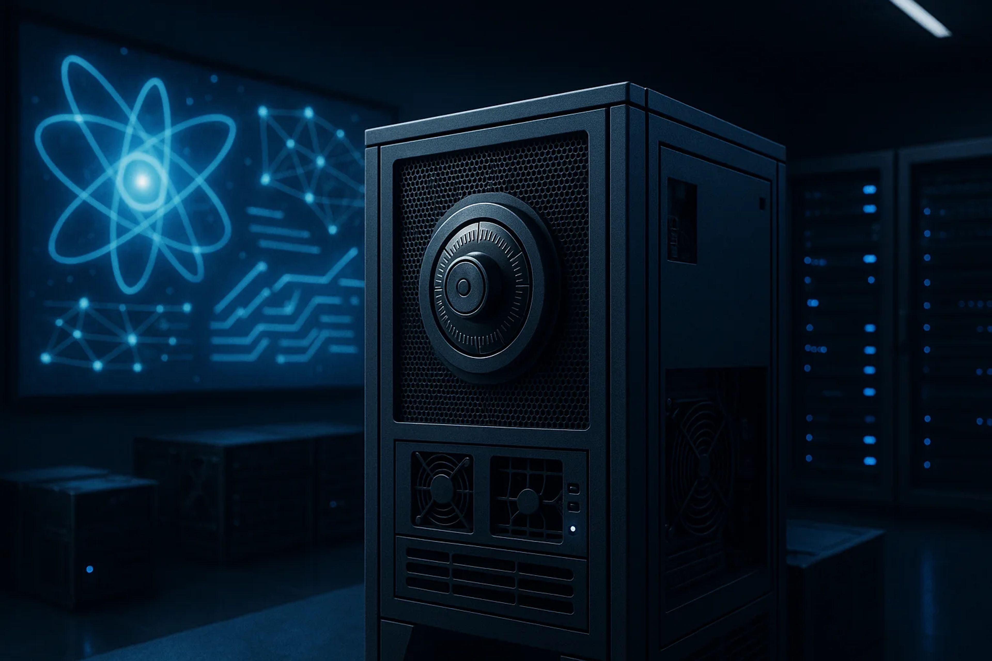 A dark room with a computer server and blue