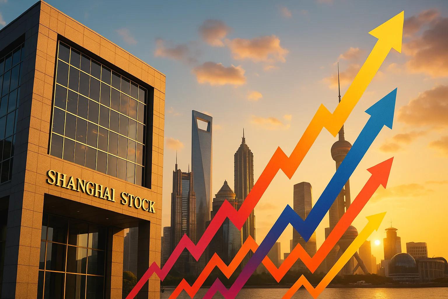 City skyline at sunset with rising graph lines