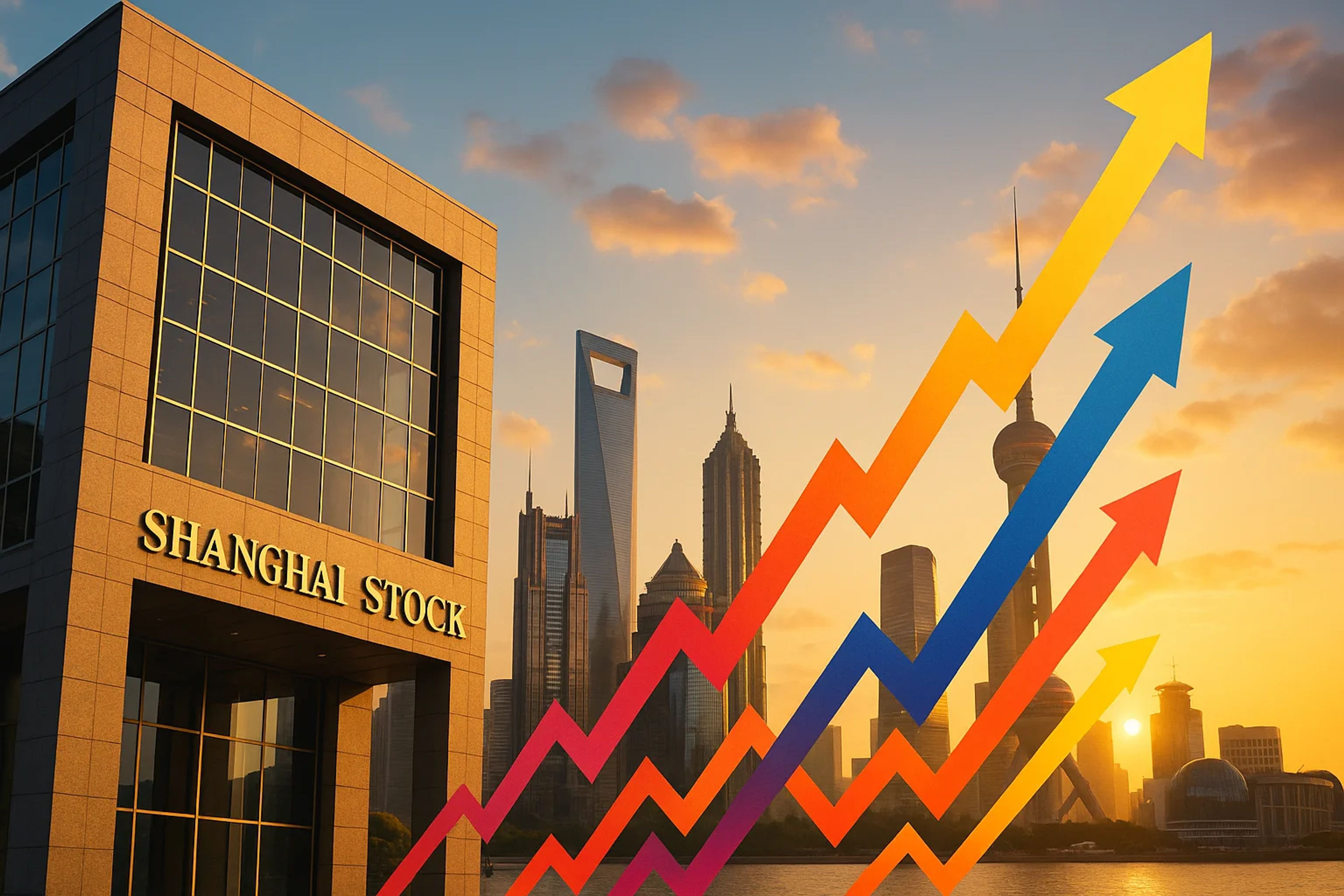 City skyline at sunset with rising graph lines