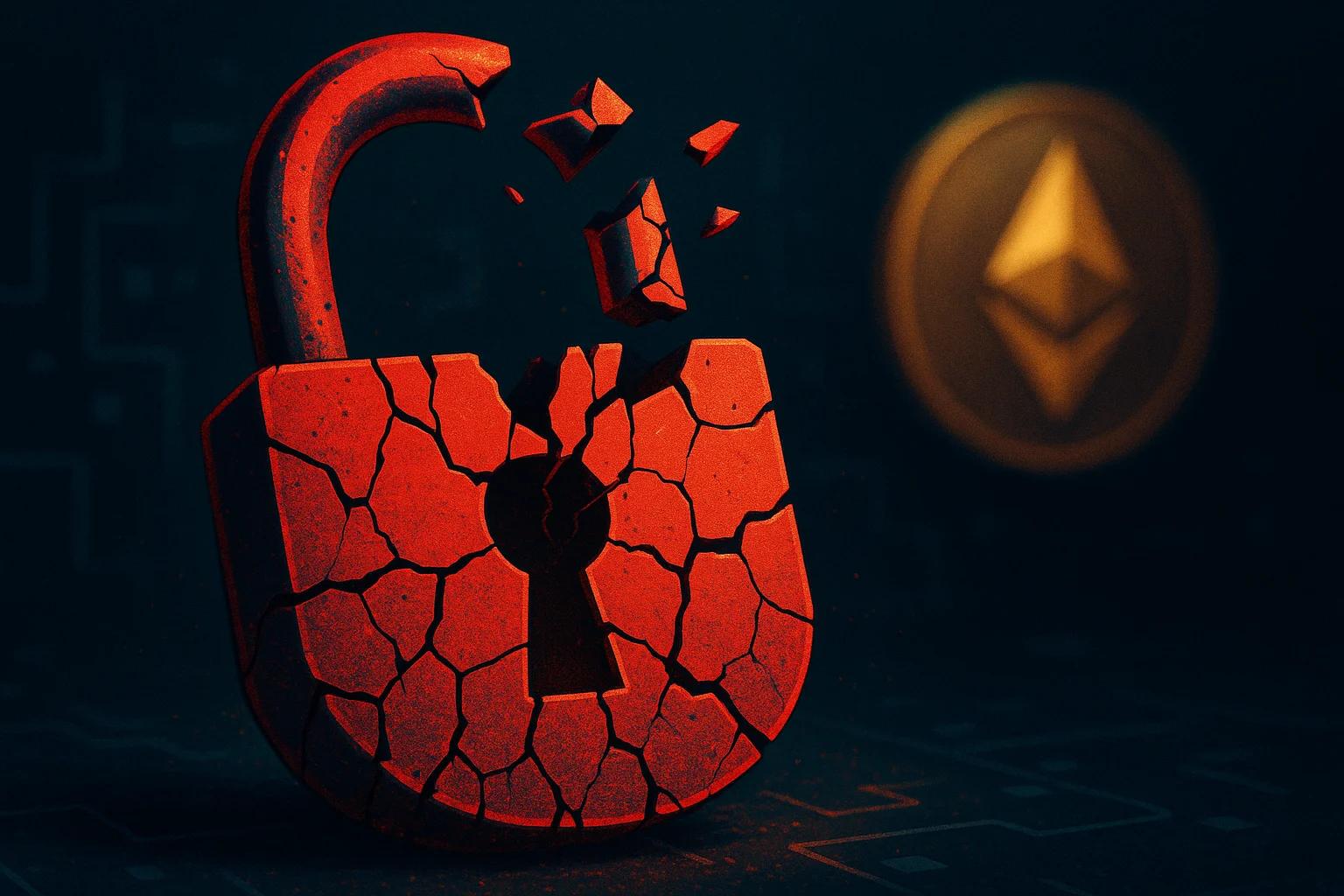 A cracked red padlock with a broken shackle, set