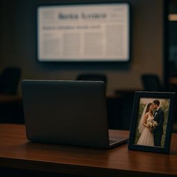 A laptop on a wooden desk next to a framed