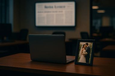 A laptop on a wooden desk next to a framed