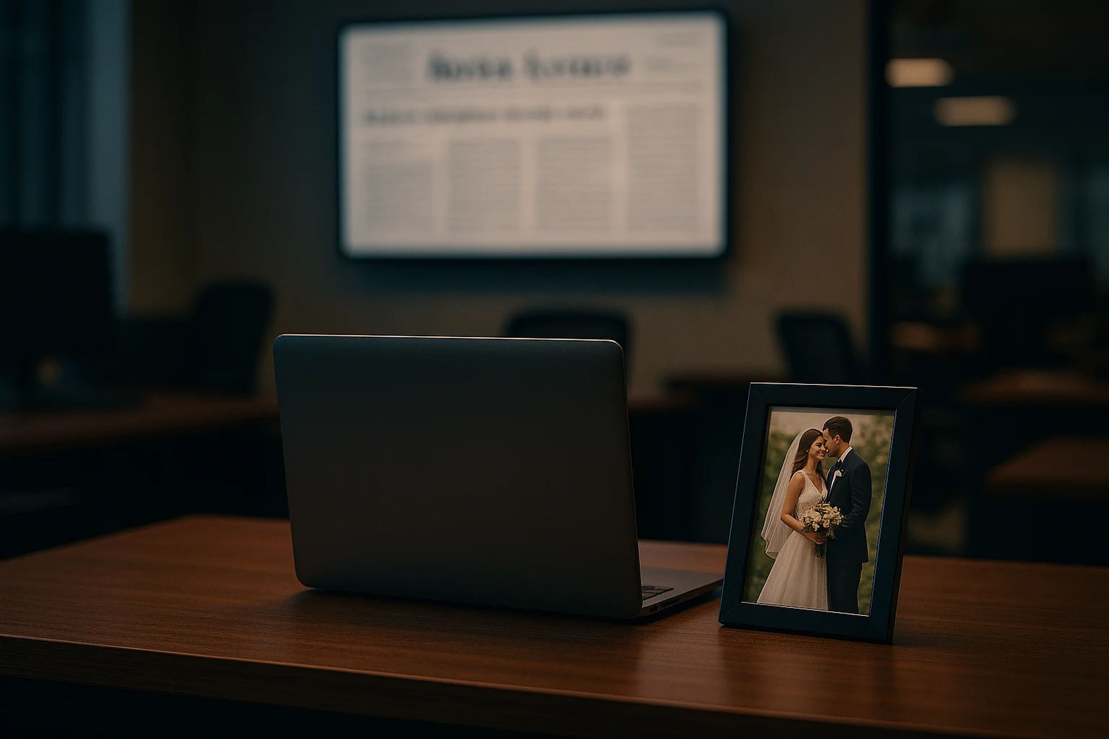 A laptop on a wooden desk next to a framed