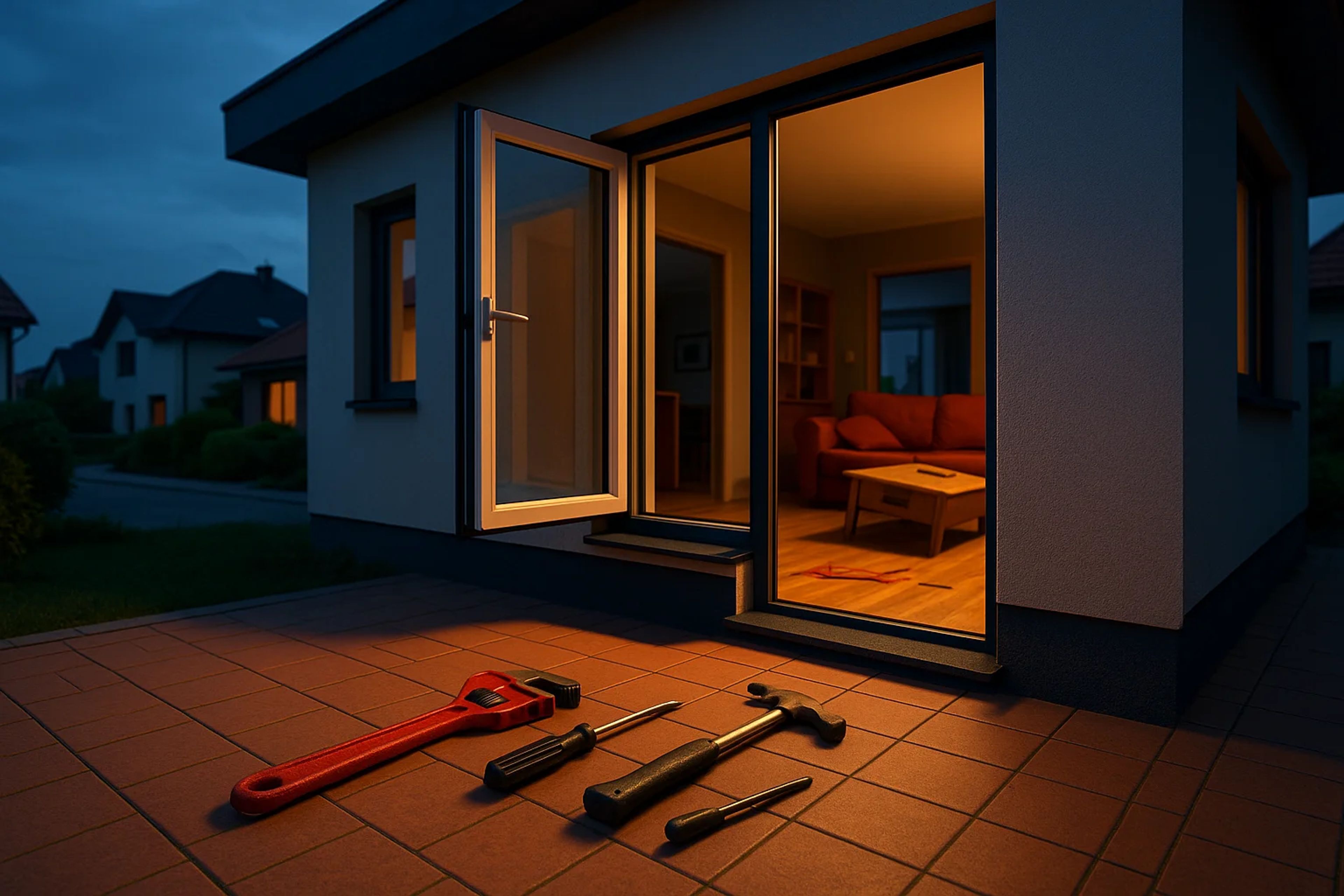Open door revealing a warmly lit interior with