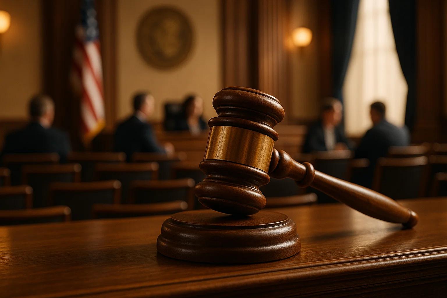 A wooden gavel rests on a desk in a courtroom