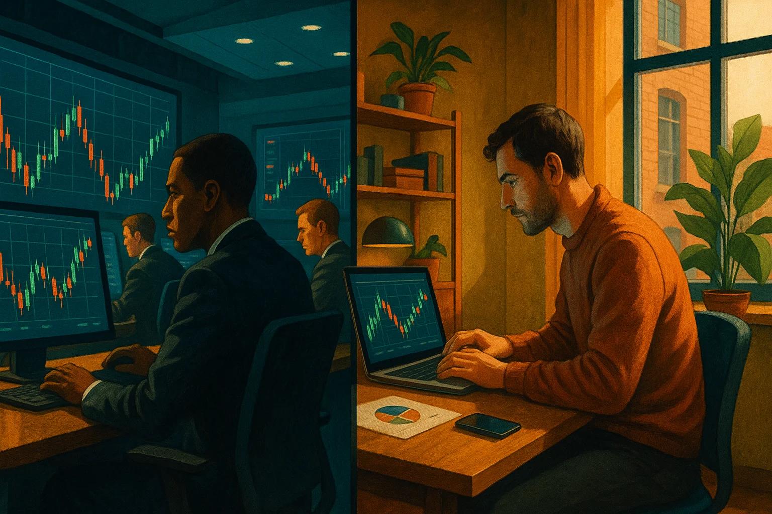 Two contrasting workspaces with men analyzing