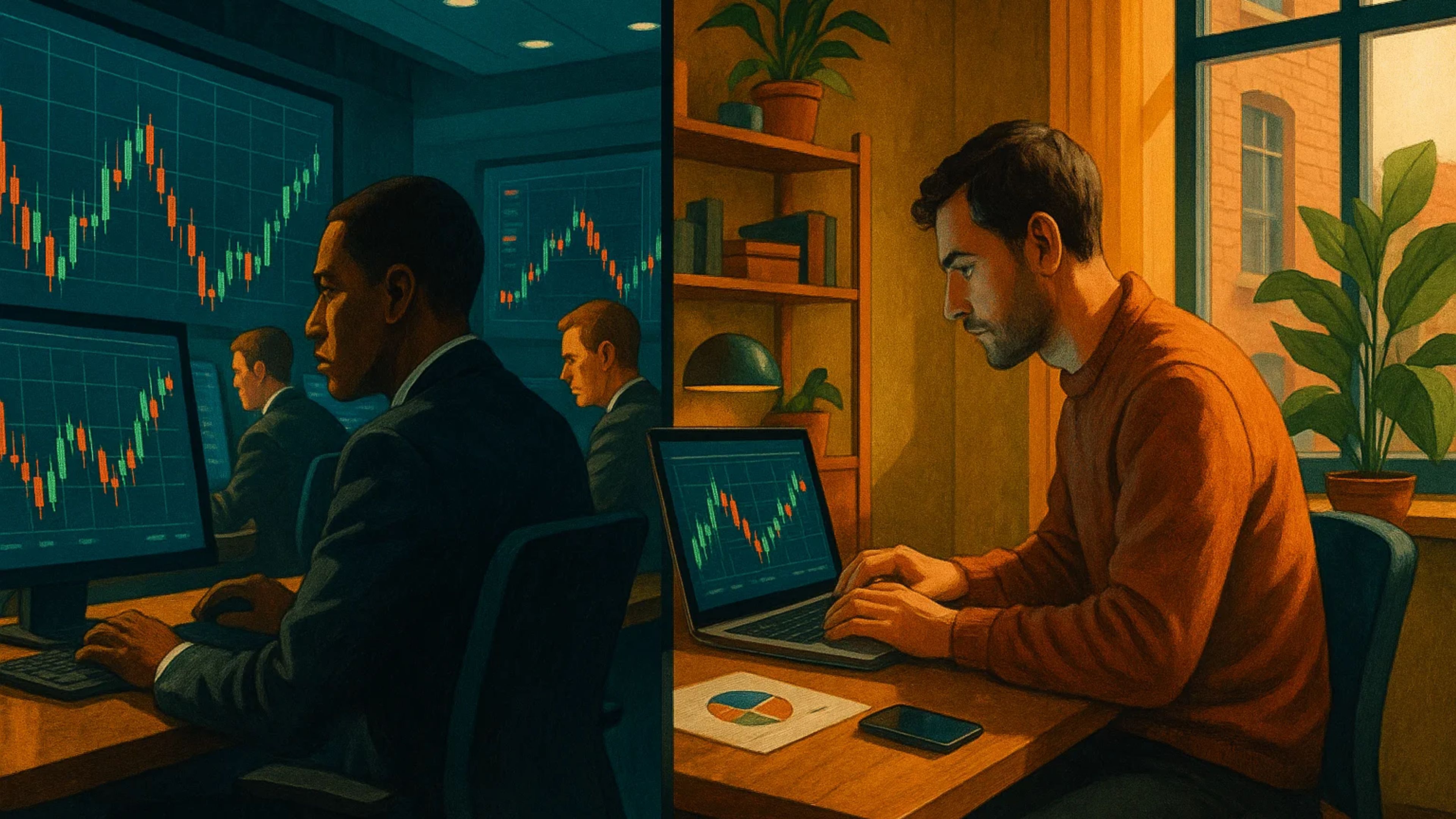 Two contrasting workspaces with men analyzing