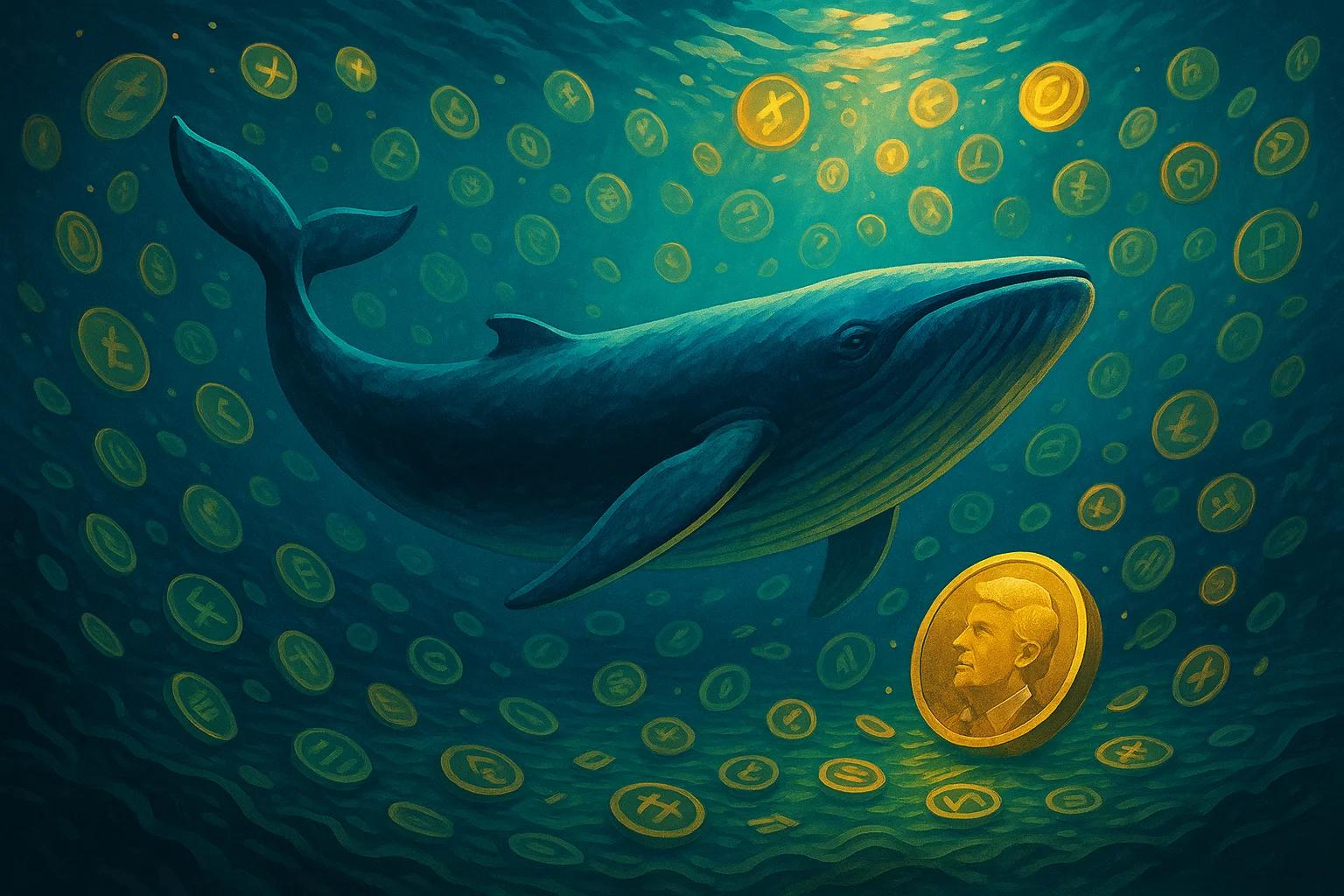 A whale swimming in deep blue water surrounded by