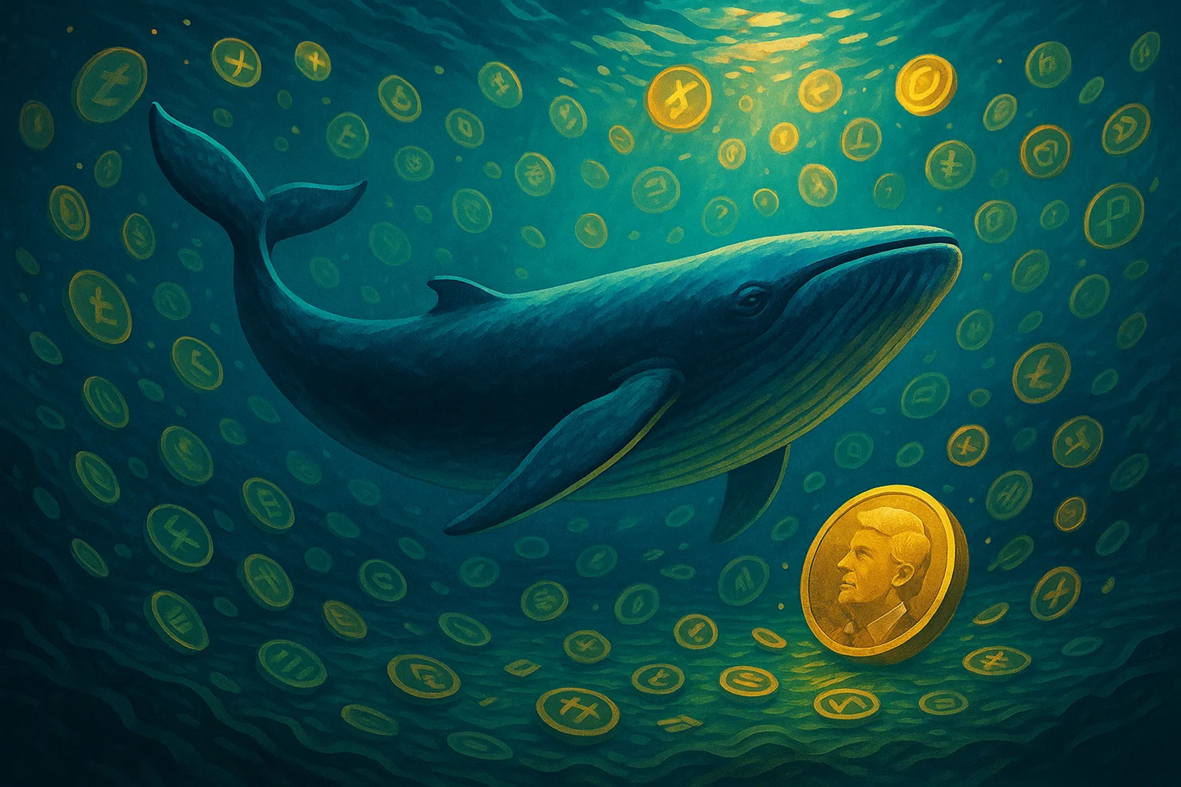 A whale swimming in deep blue water surrounded by
