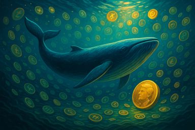 A whale swimming in deep blue water surrounded by