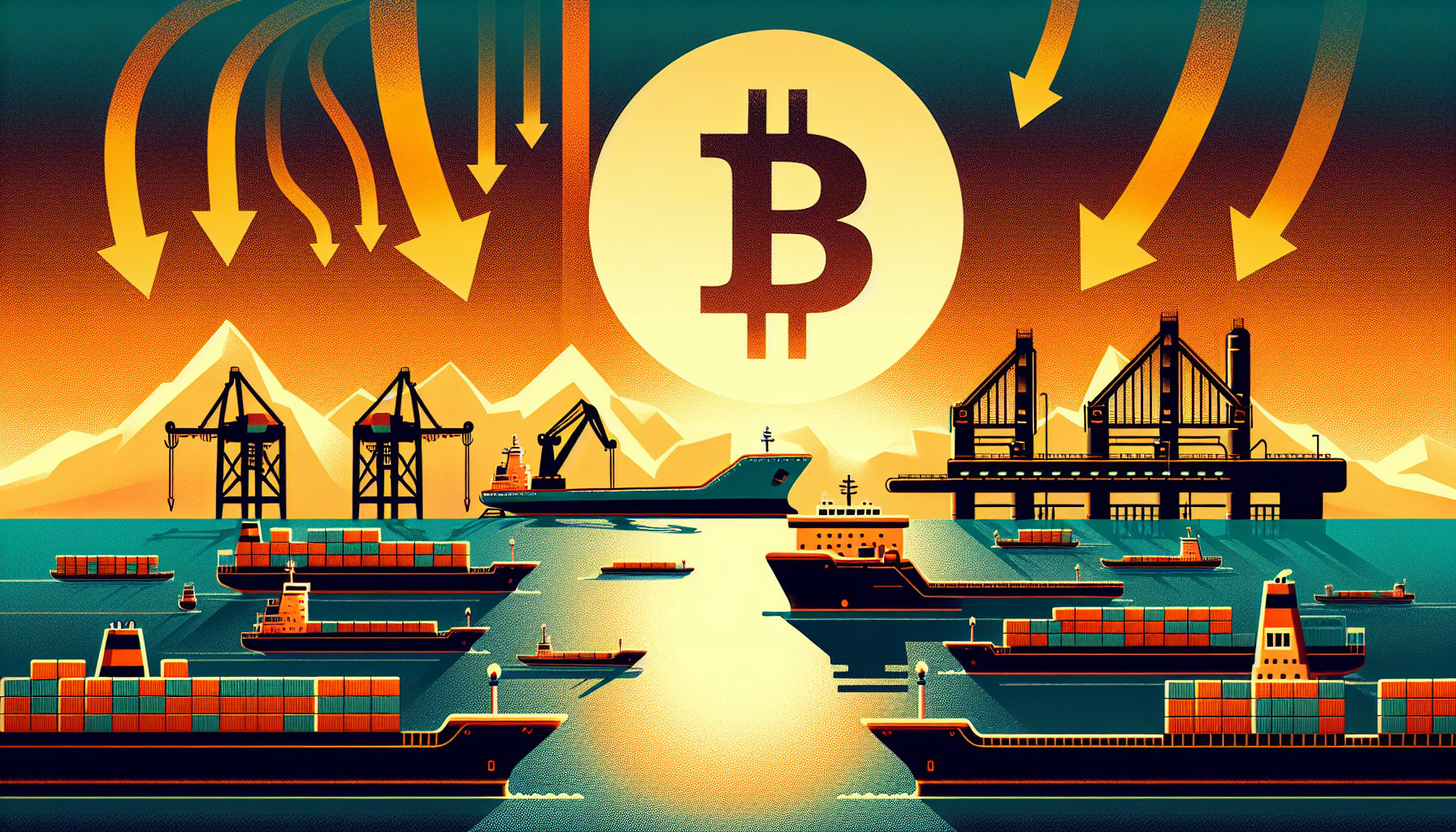 Colorful graphic of ships in a harbor with