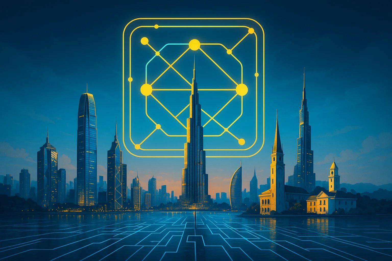 Futuristic city skyline with digital overlay