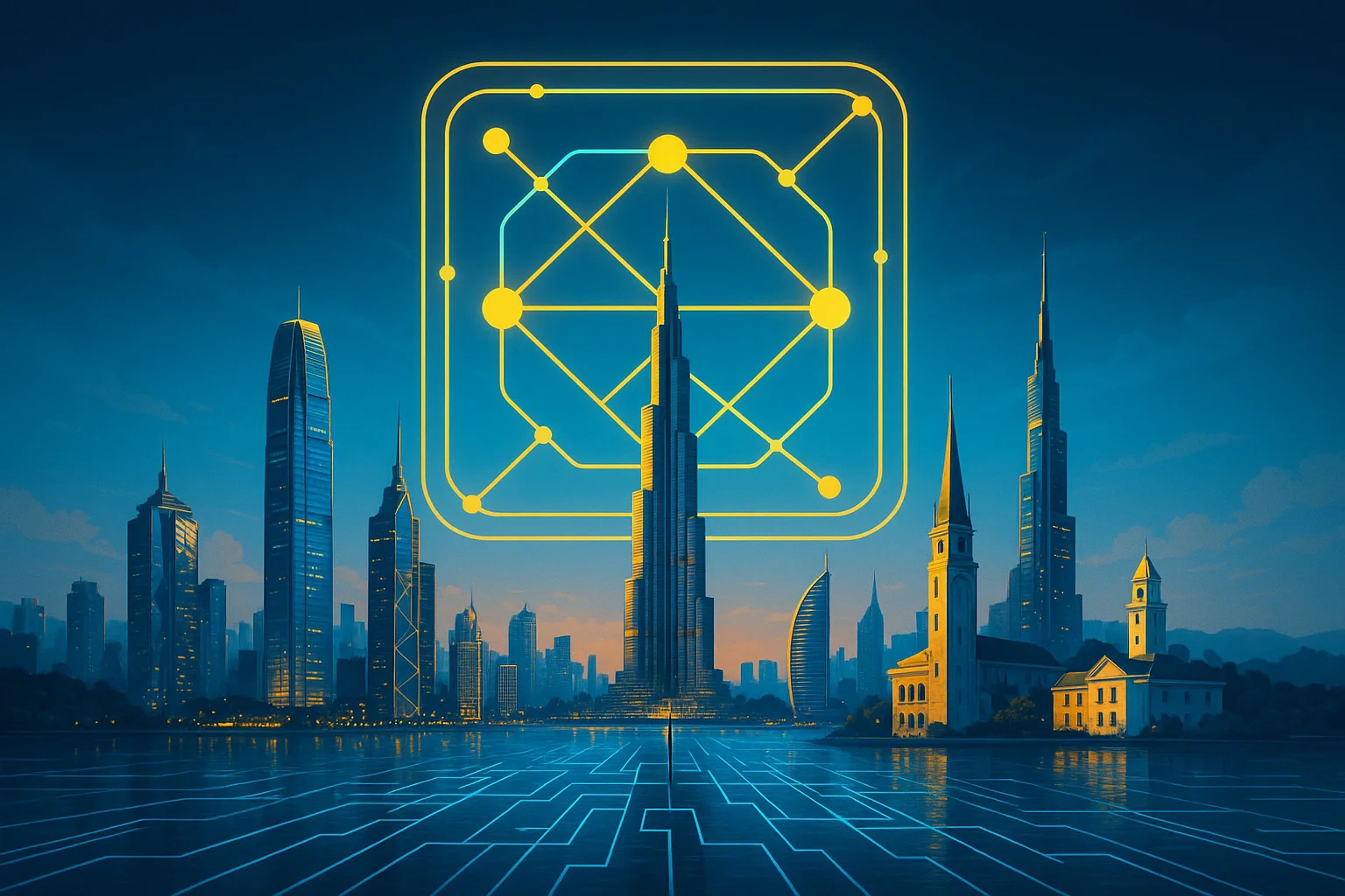 Futuristic city skyline with digital overlay