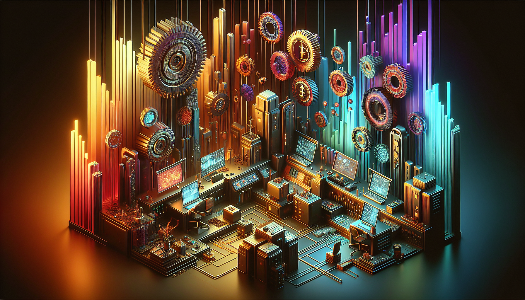 A vibrant, futuristic digital workspace with