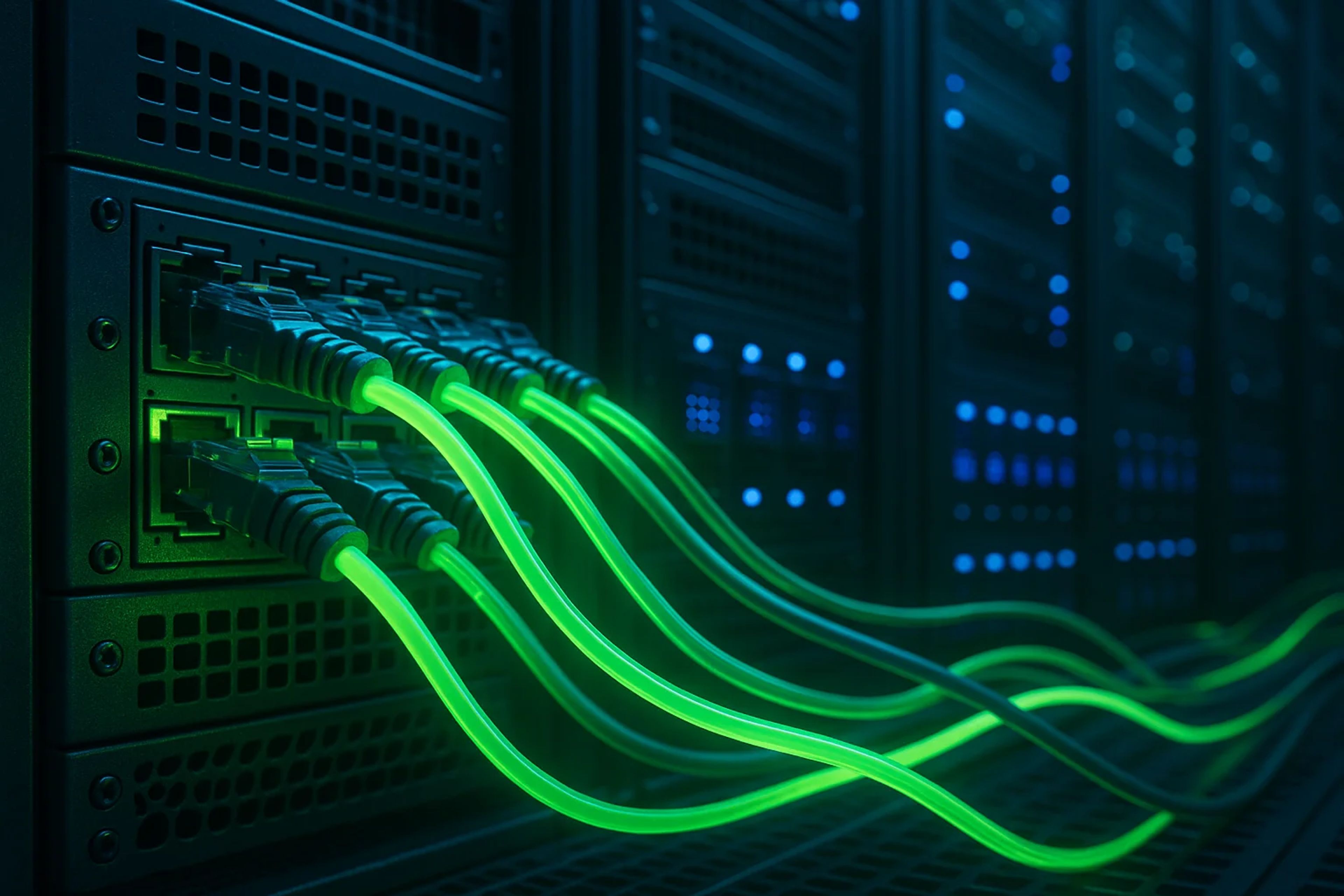 Glowing green network cables connected to servers