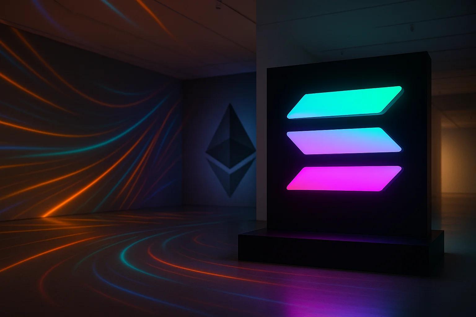 Colorful light patterns on gallery walls
