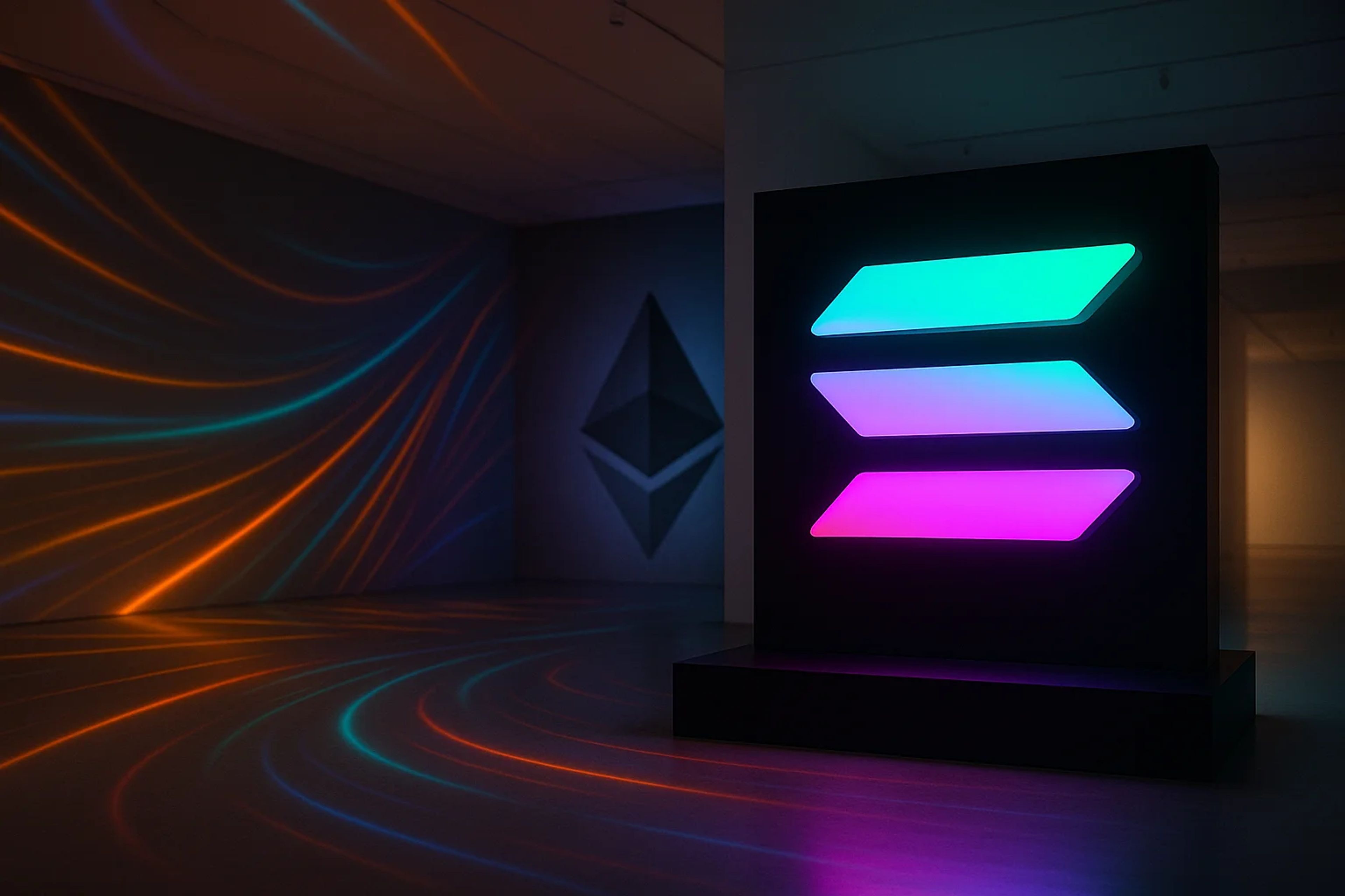 Colorful light patterns on gallery walls