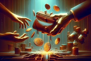 Hands exchanging a wallet with floating Bitcoin