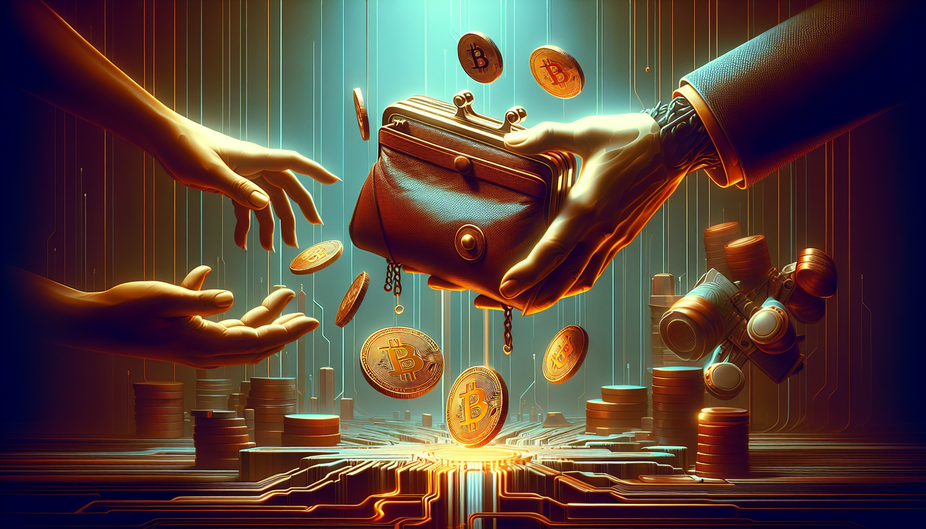 Hands exchanging a wallet with floating Bitcoin