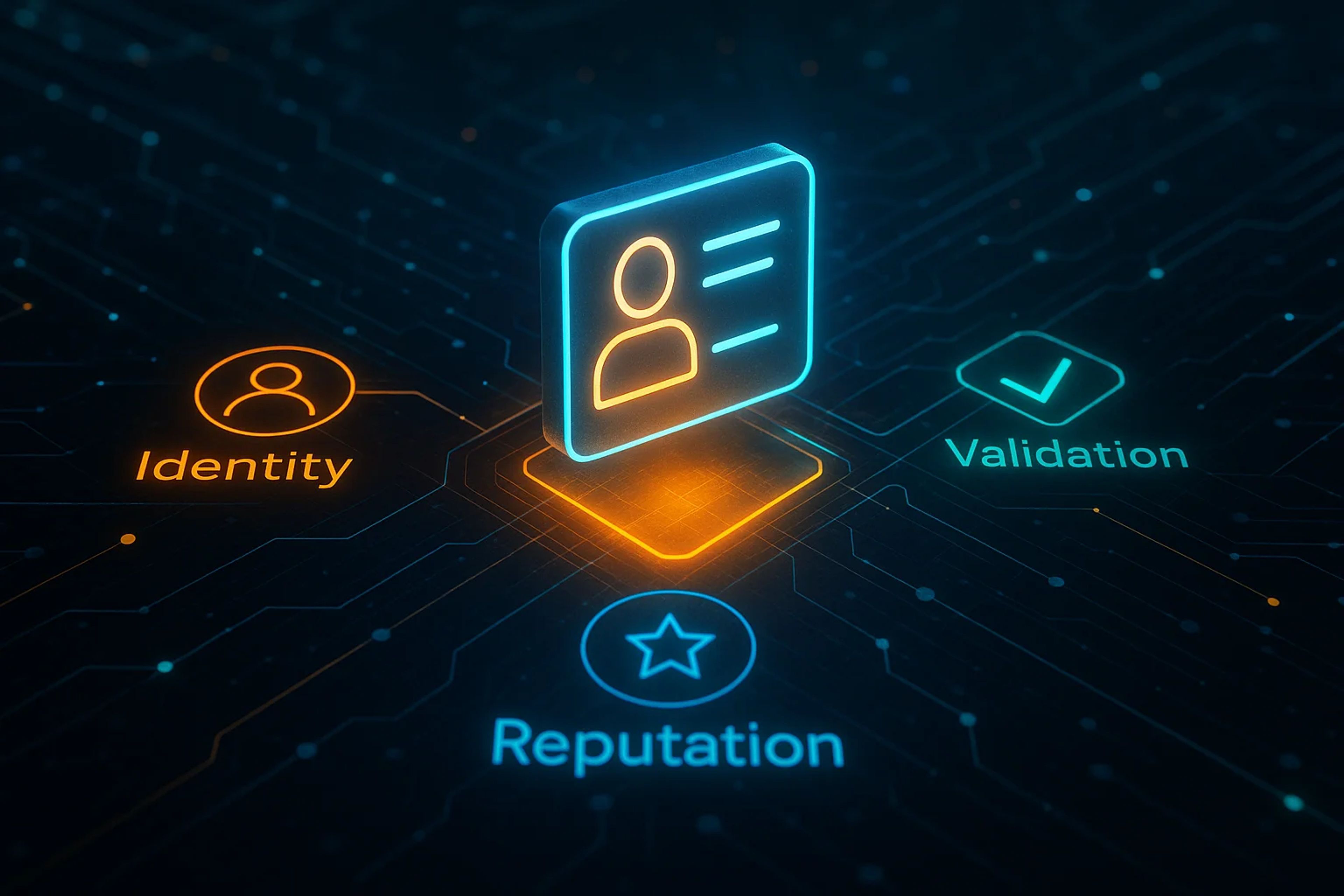 Glowing icons representing identity, validation