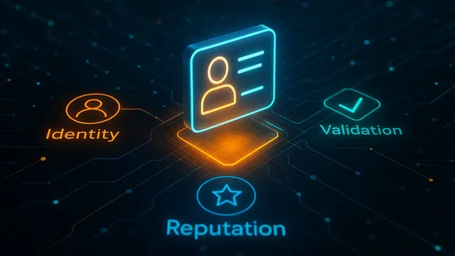 Glowing icons representing identity, validation