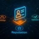 Glowing icons representing identity, validation