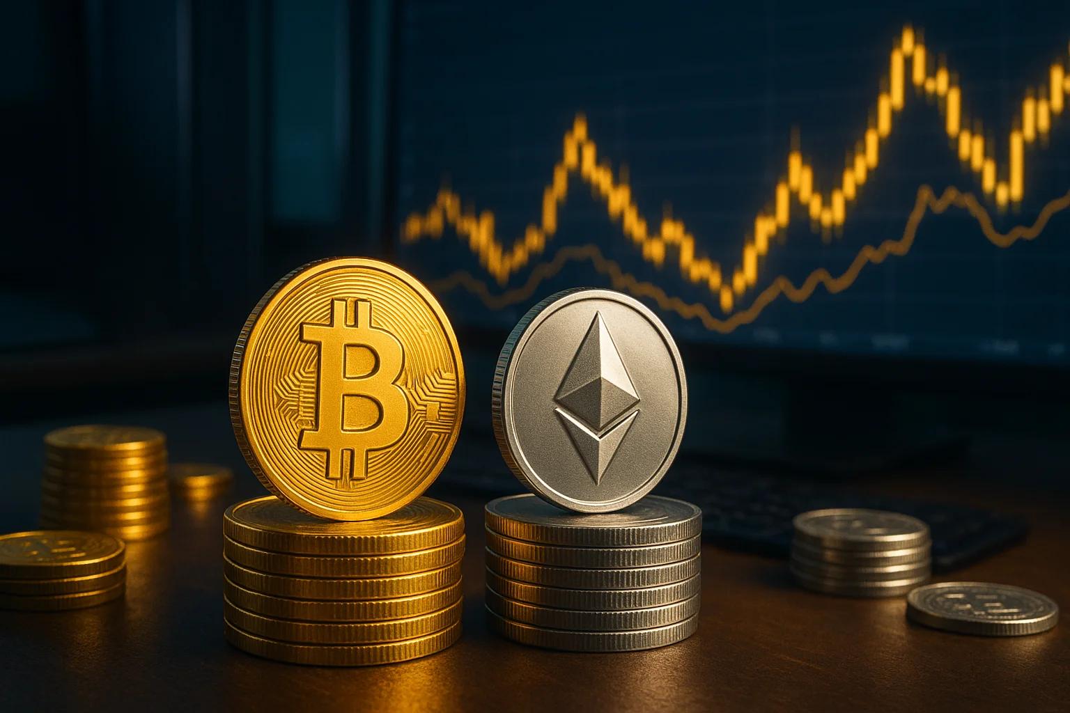 Gold Bitcoin and silver Ethereum coins on stacked