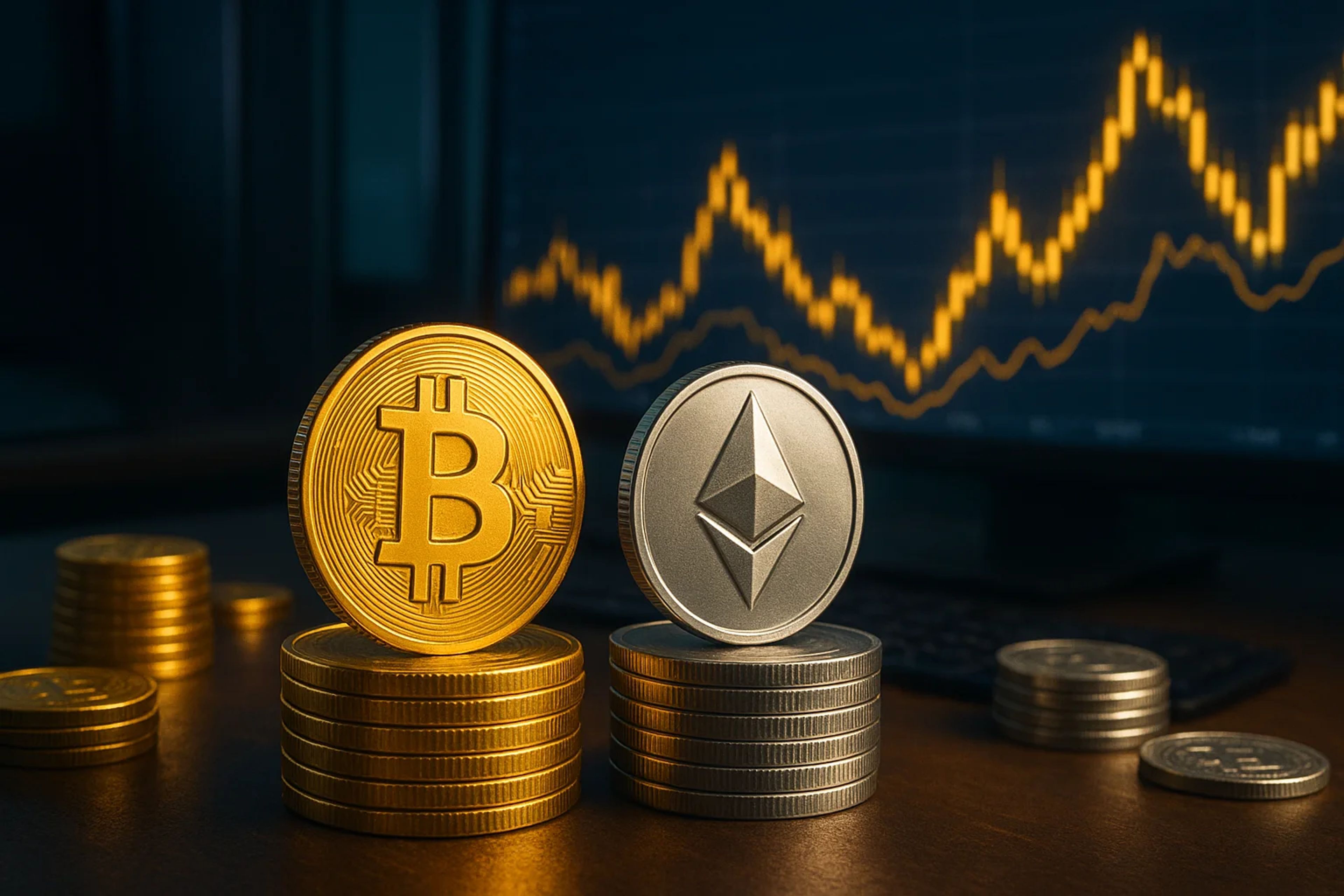Gold Bitcoin and silver Ethereum coins on stacked