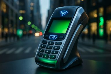 A contactless payment terminal on a city street