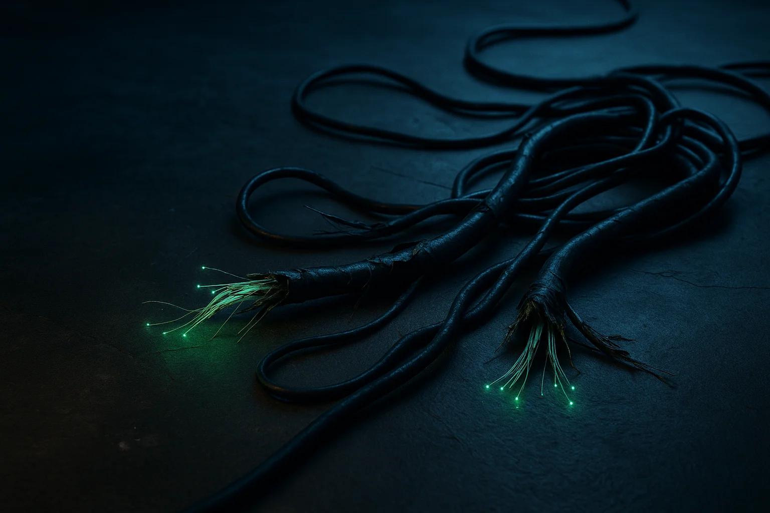 Twisted black cables with glowing green ends