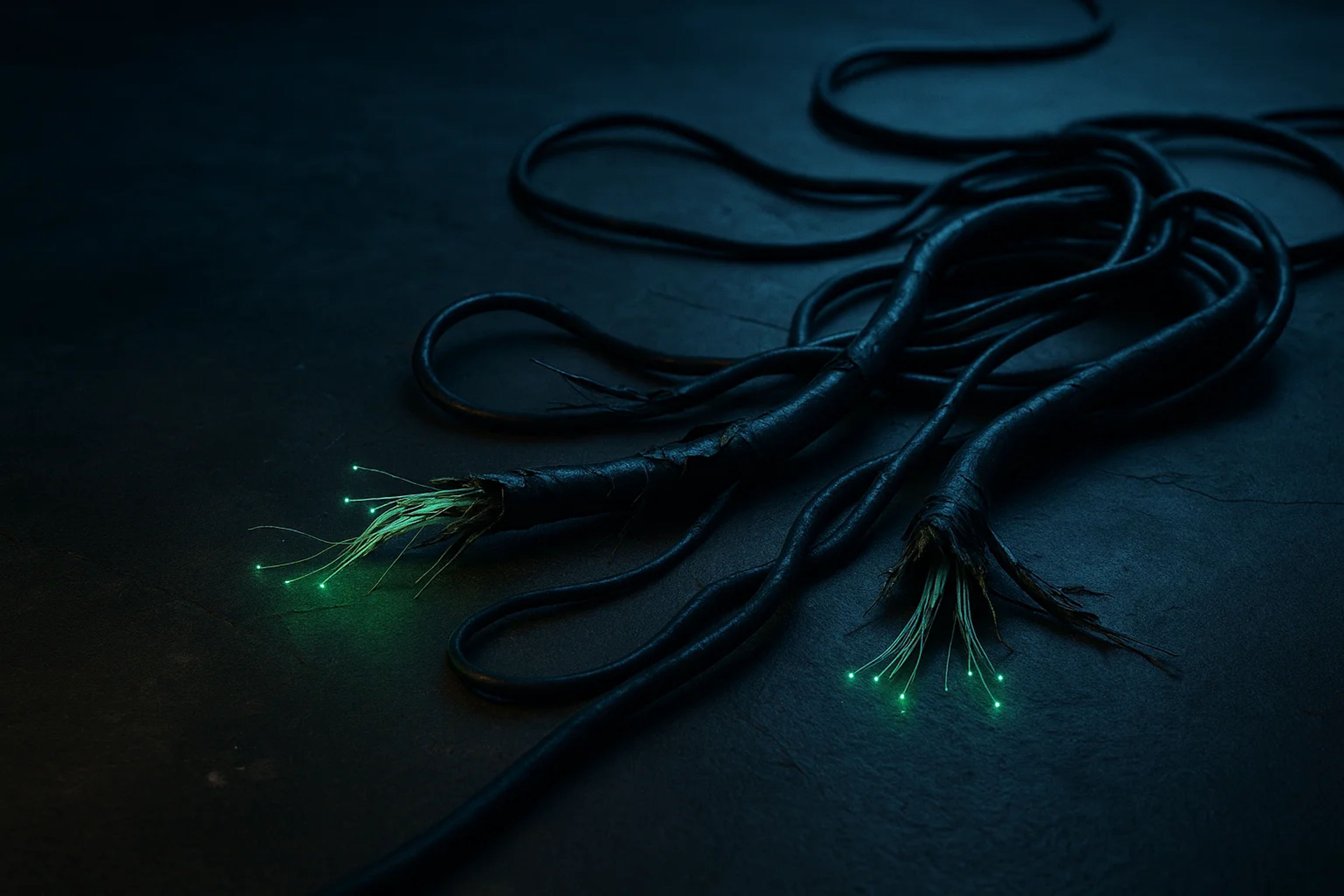 Twisted black cables with glowing green ends