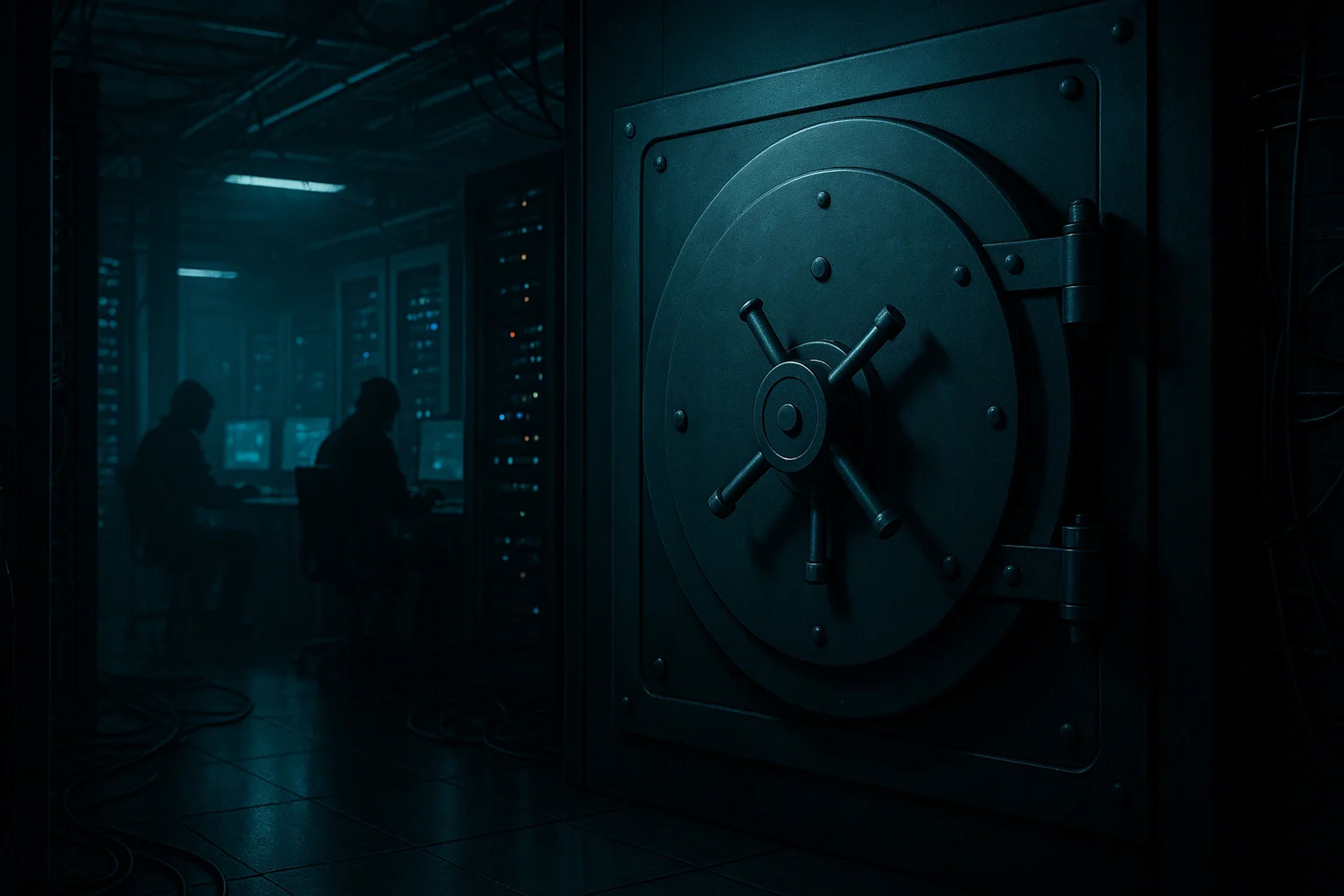 A large, dark vault door in a dimly lit room with
