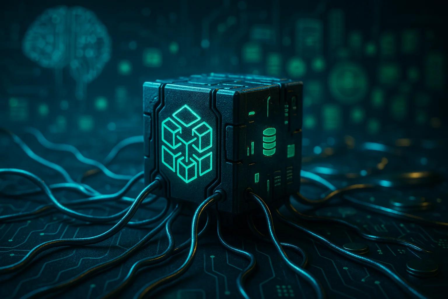 A glowing cube with circuit patterns and cables