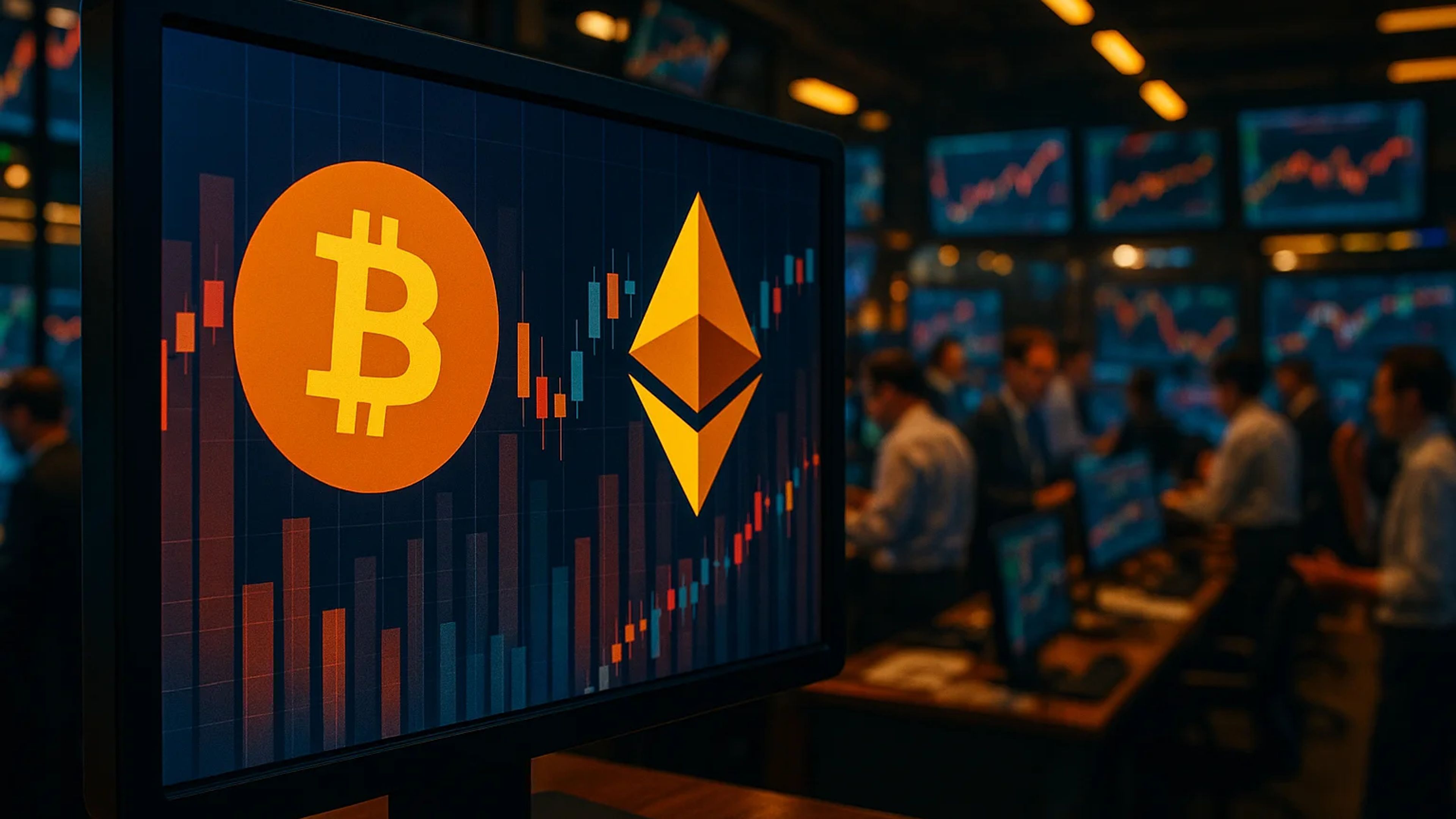 A computer screen displaying Bitcoin and Ethereum