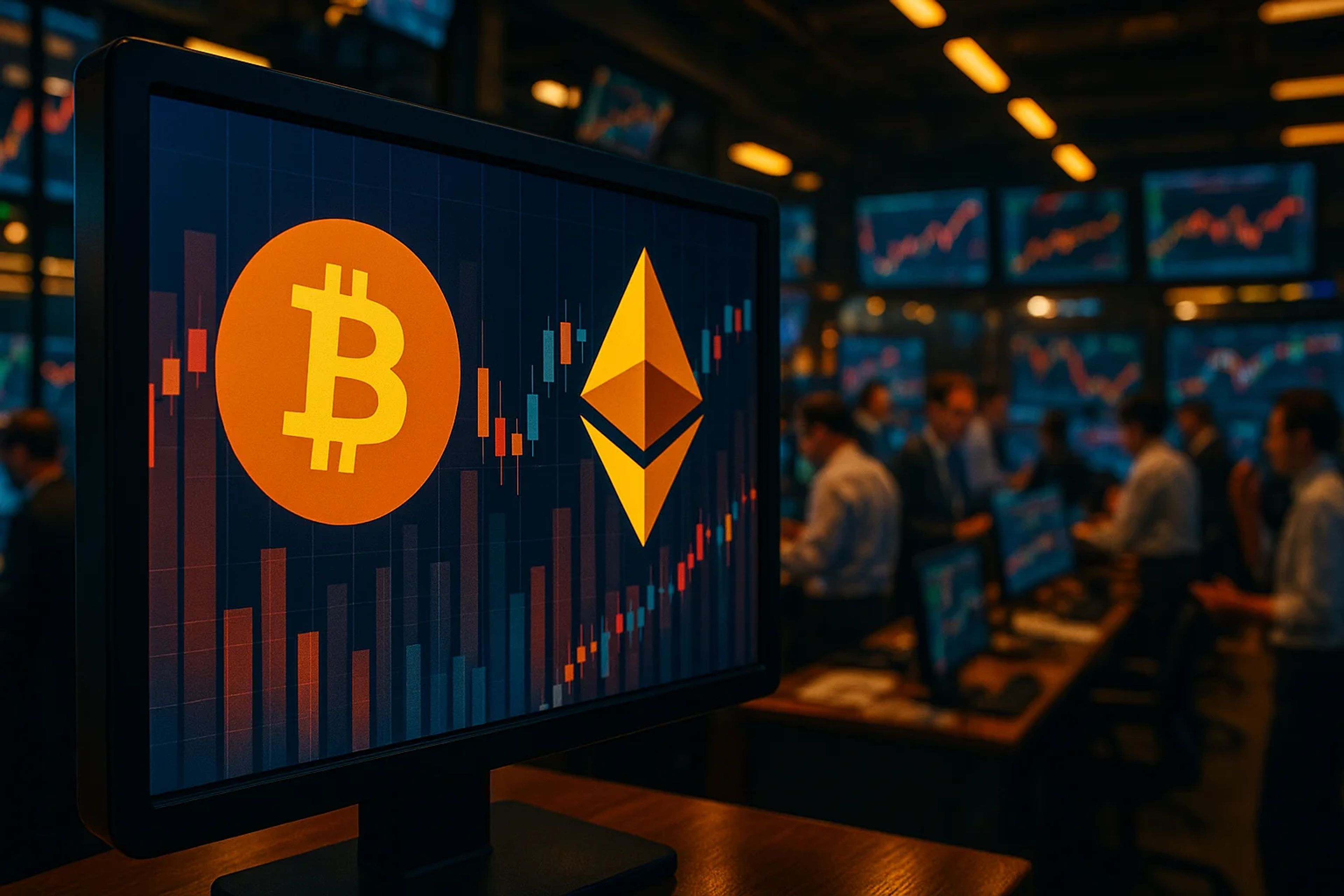 A computer screen displaying Bitcoin and Ethereum