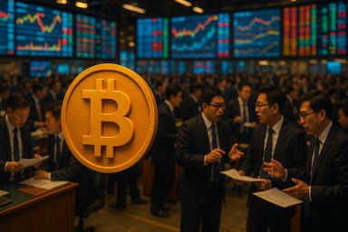 A large Bitcoin symbol in focus with traders