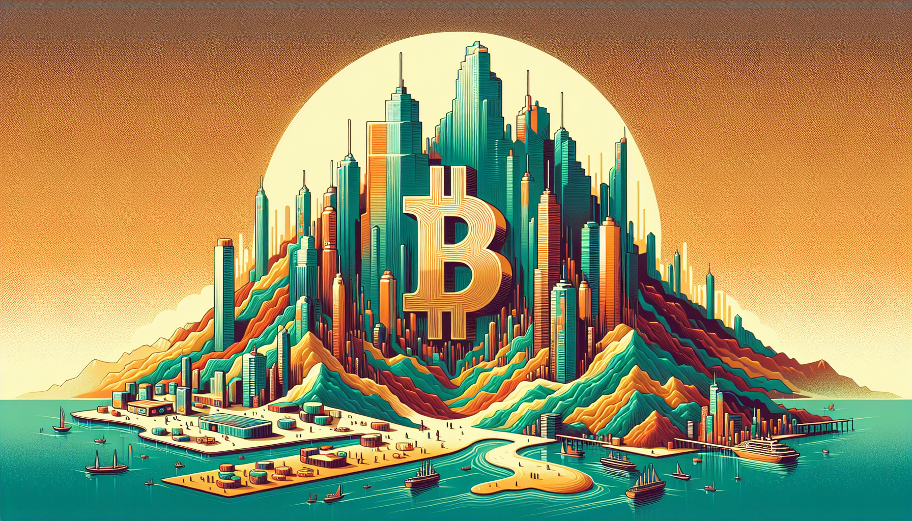 Colorful cityscape with mountains and a large