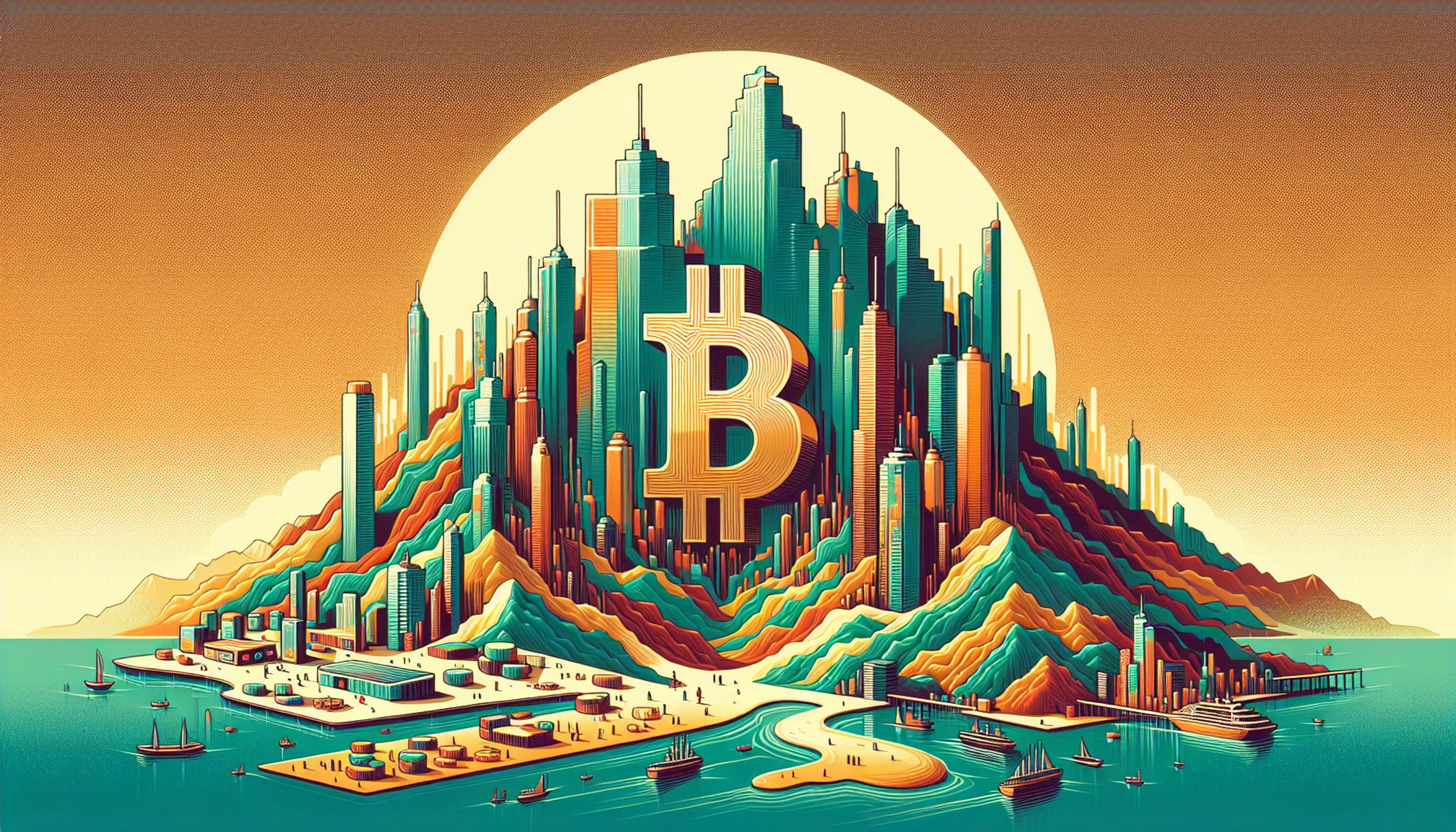 Colorful cityscape with mountains and a large